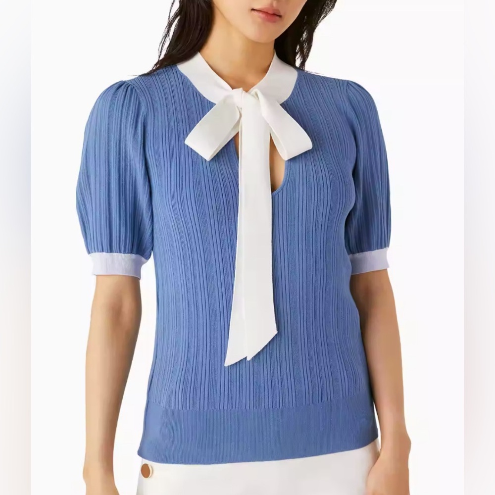 Blue Knit Puff-Sleeve Sweater with White Bow Tie